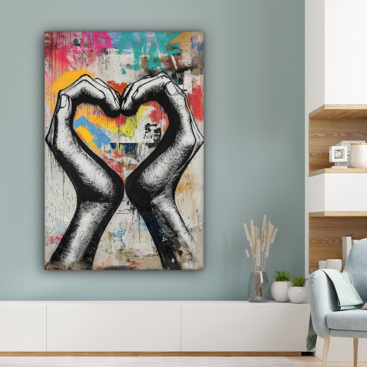 LEINWANDBILD Hände - Herz - Straßenkunst - Graffiti Deko Groß 90x140 cm - Multicolor, Textil (90/140cm) - MuchoWow