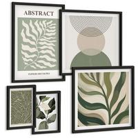 BILDER SET 5er Set - 50x50 cm & 20x30 cm & 40x60 cm Schwarzer Rahmen - Blätter geometrische Formen abstrakt - Schwarz, Kunststoff (40/60cm) - TULUP