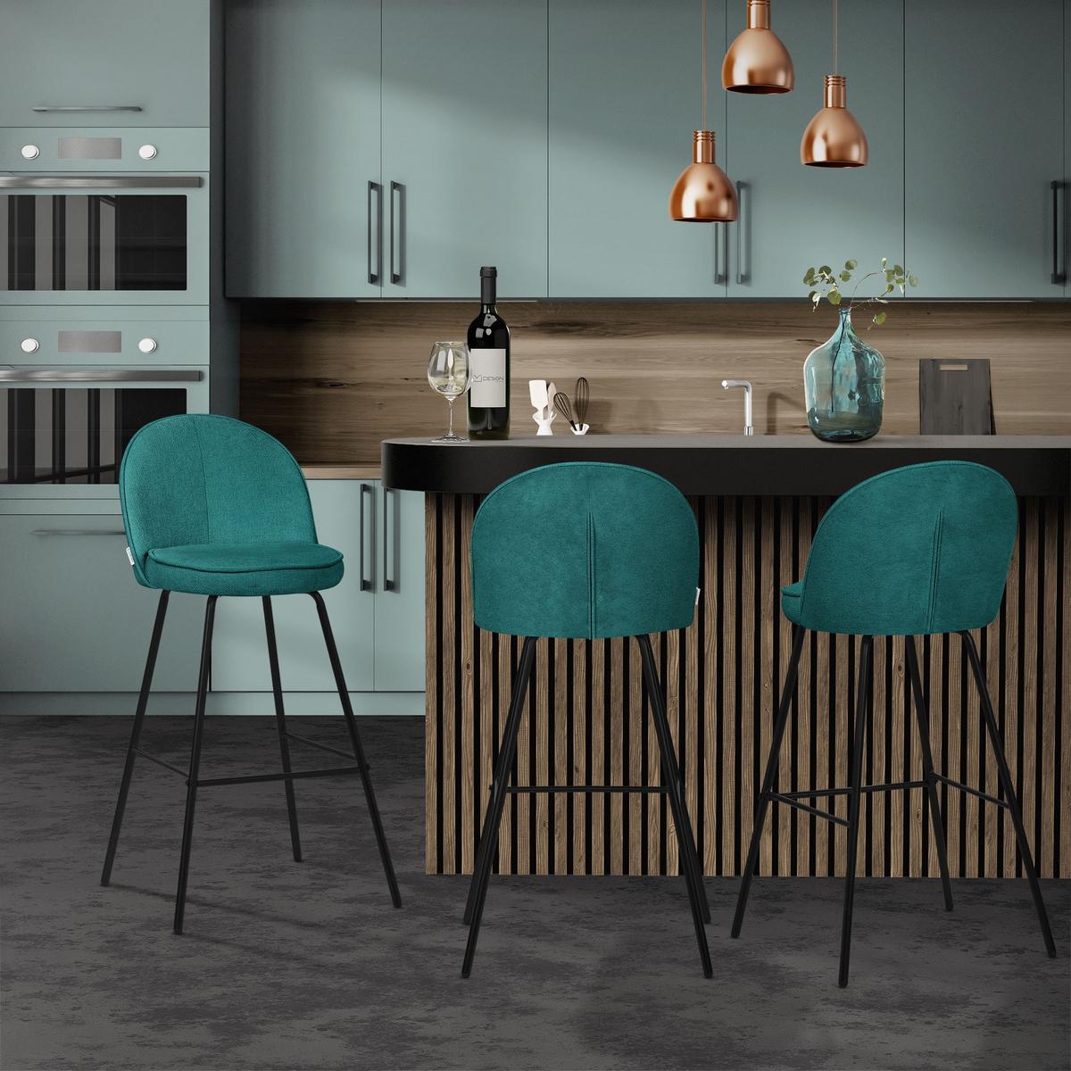 BARHOCKER 4er Set Petrol mit Stoffbezug - Petrol/Schwarz, Textil/Metall (52/102/50cm) - ML-DESIGN