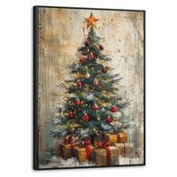 LEINWAND Bilder mit Rahmen - Weihnachtsbaum - Vintage - Weihnachten - Geschenk - 60x80 - Rostfarben, Textil (60/80cm) - MuchoWow