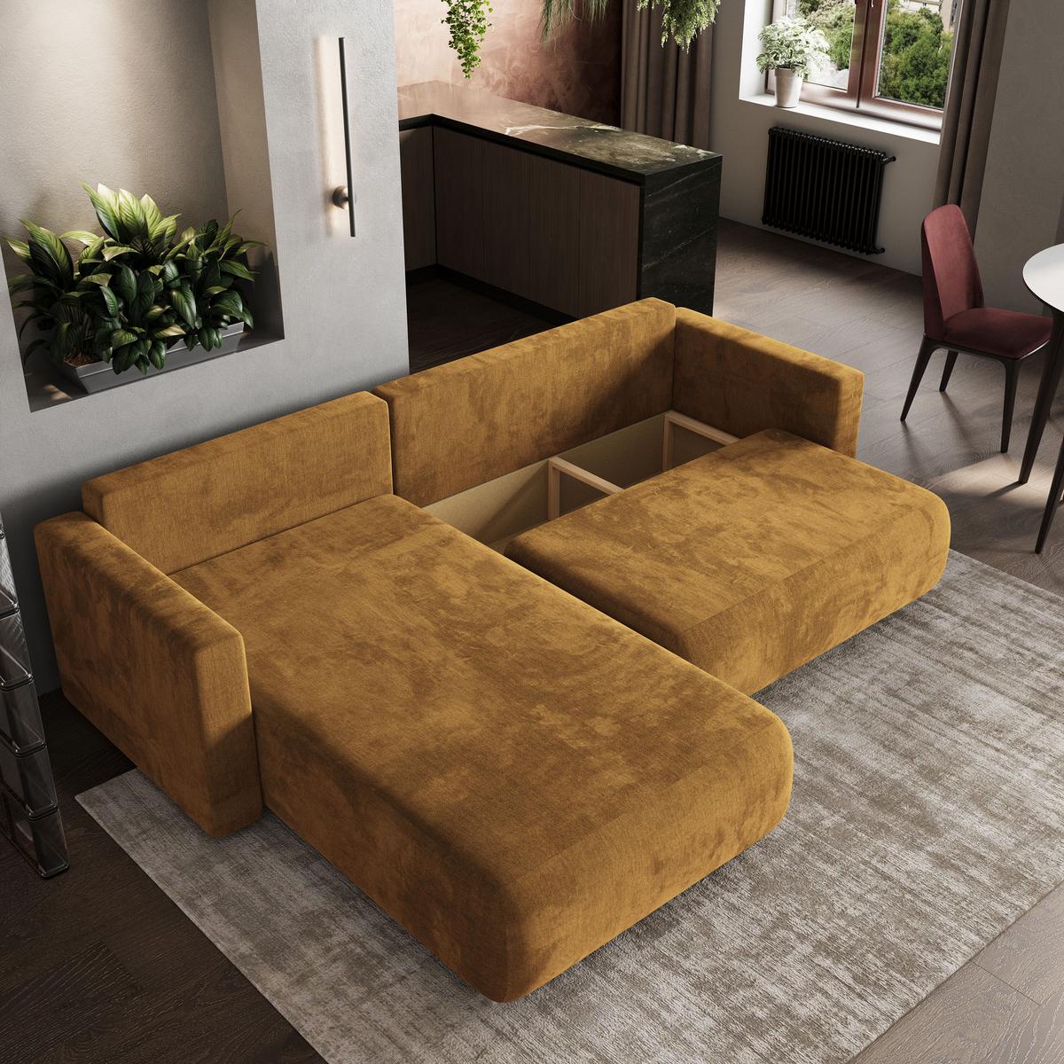 ECKSOFA TURIN M Gelb Velours-Stoff mit Schlaffunktion - Gelb/Grau, Holz/Kunststoff (265/183cm) - MASSENO