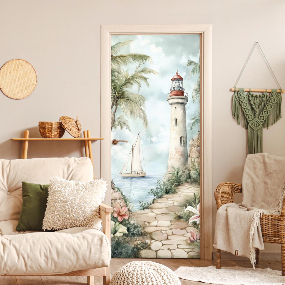 TÜRAUFKLEBER Leuchtturm - Natur - Landschaft - Boot Room Decor 85x205 cm - Türtapete - Eichefarben, Kunststoff (85/0.1cm) - MuchoWow