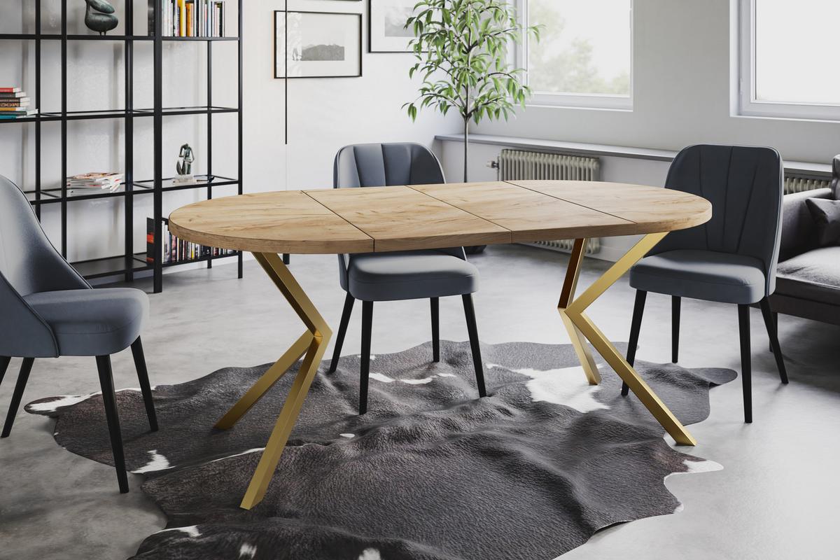 RUNDER Esszimmertisch LOFT LITEN, ausziehbarer Tisch Durchmesser: 120 cm/200 cm, Wohnzimmertisch Farbe: Braun, mit Metallbeinen in Farbe Gold - Goldfarben/Braun, Holzwerkstoff (120/120/76cm) - Alpi-Möbel