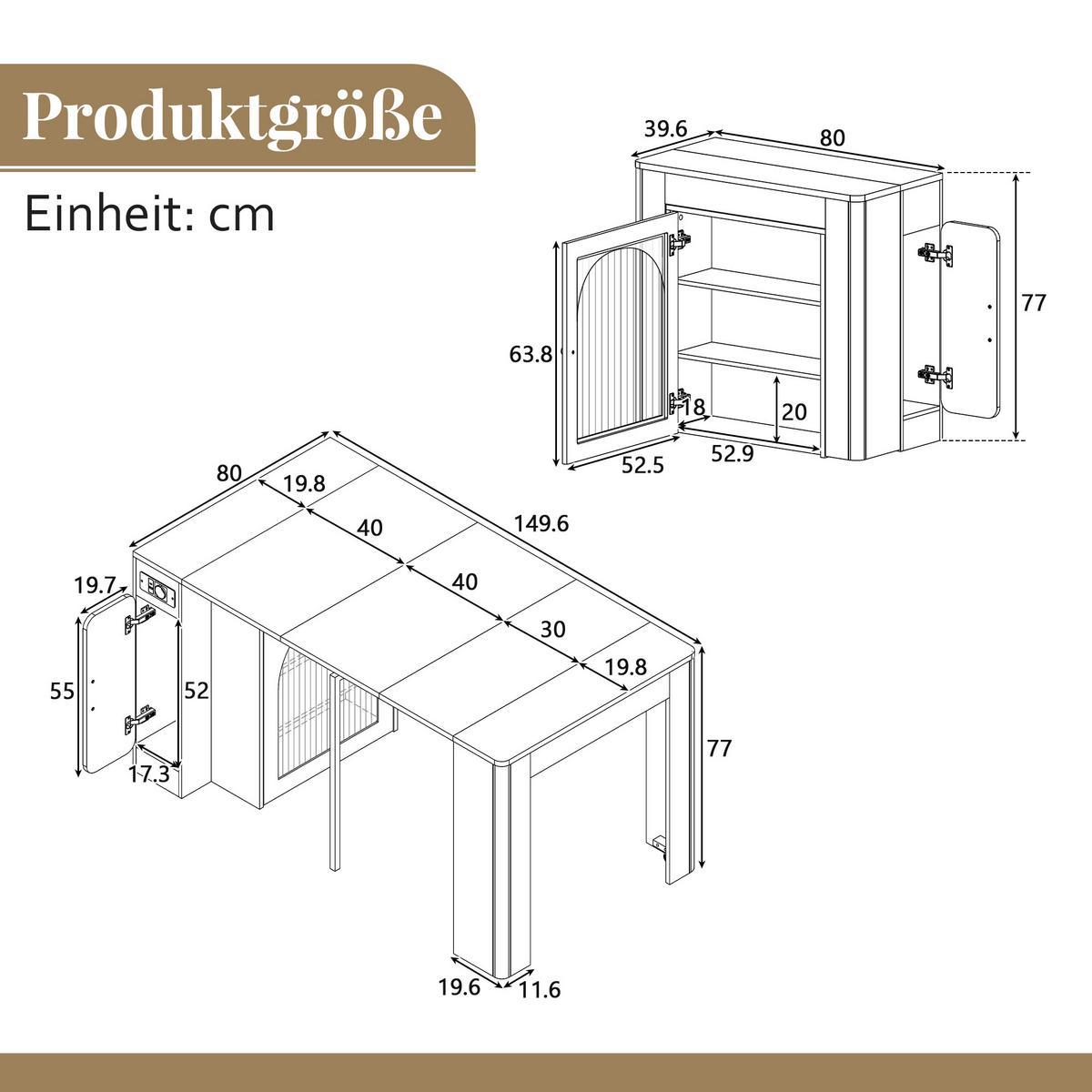 KÜCHENINSEL Mobile & Ausziehbarer Esstisch (4-in-1) mit LED - Weiß, Glas/Holzwerkstoff (83/77/40cm) - Urban Meuble