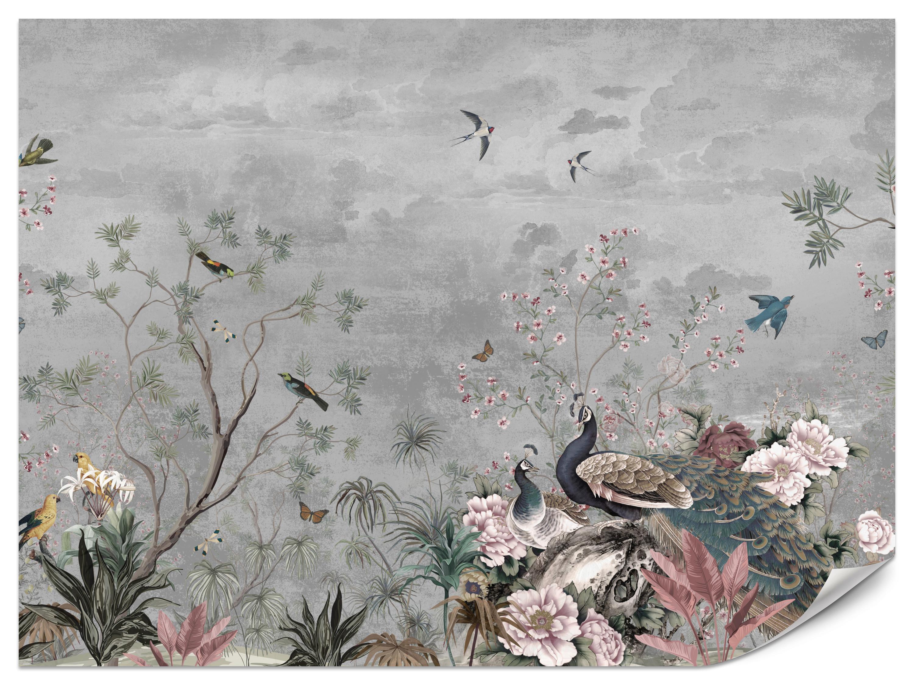 FOTOTAPETE für Büro Pfauen Vögel Pflanzen Bäume Tropische Blumen 300x210 - Multicolor, Papier (300/210cm) - Muralo