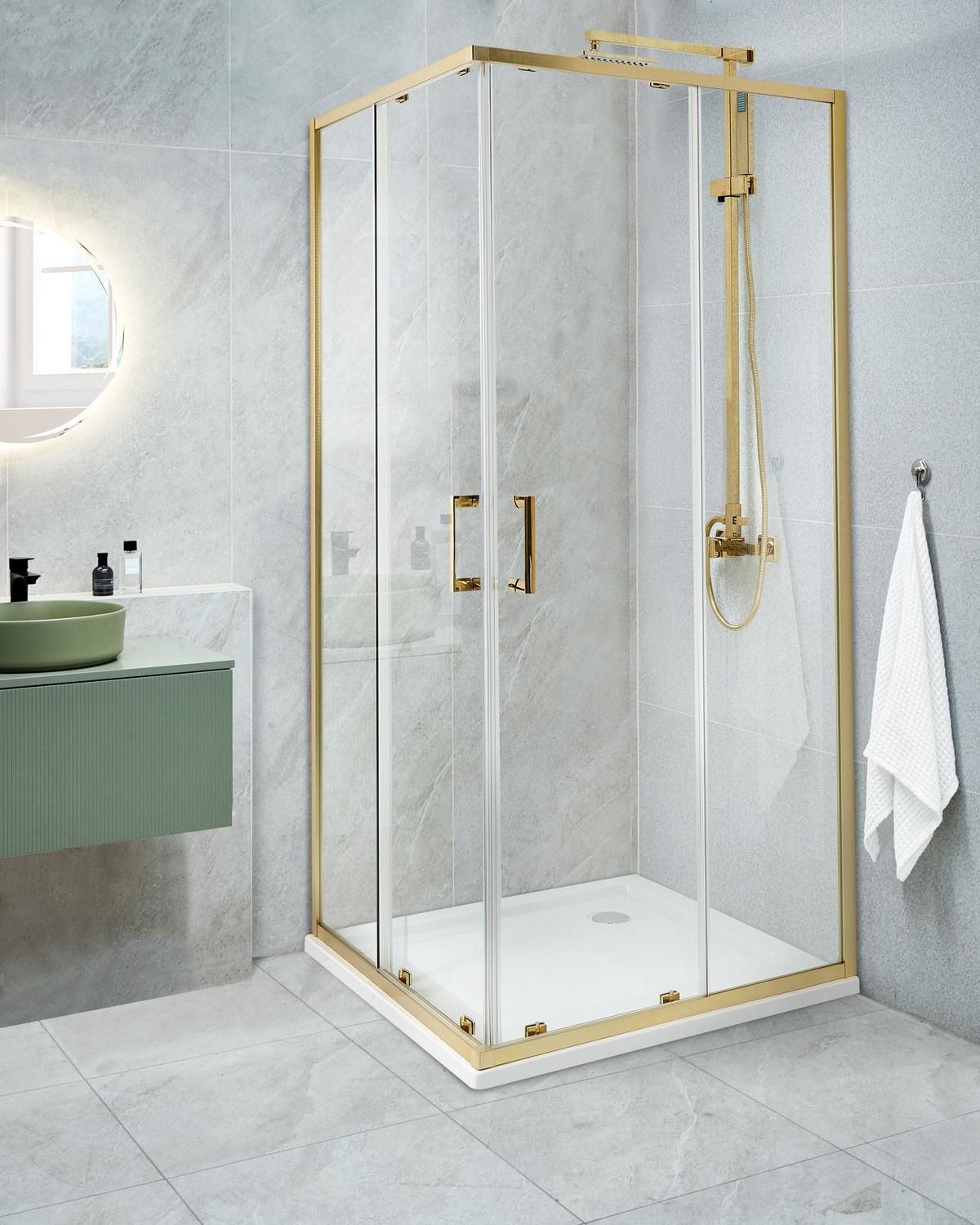 DUSCHKABINE 80/80/185 cm Gold Tela - Transparent/Goldfarben, Glas (80/80/185cm) - Beliani