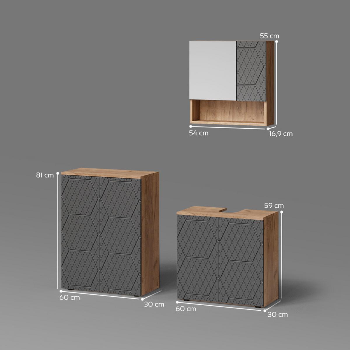 BADMÖBEL-SET Ronco Anthrazit mit Wabenstruktur 3 Teile, mit Unterschrank 60 cm - Anthrazit, Holzwerkstoff (60/59/30cm) - Livinity®