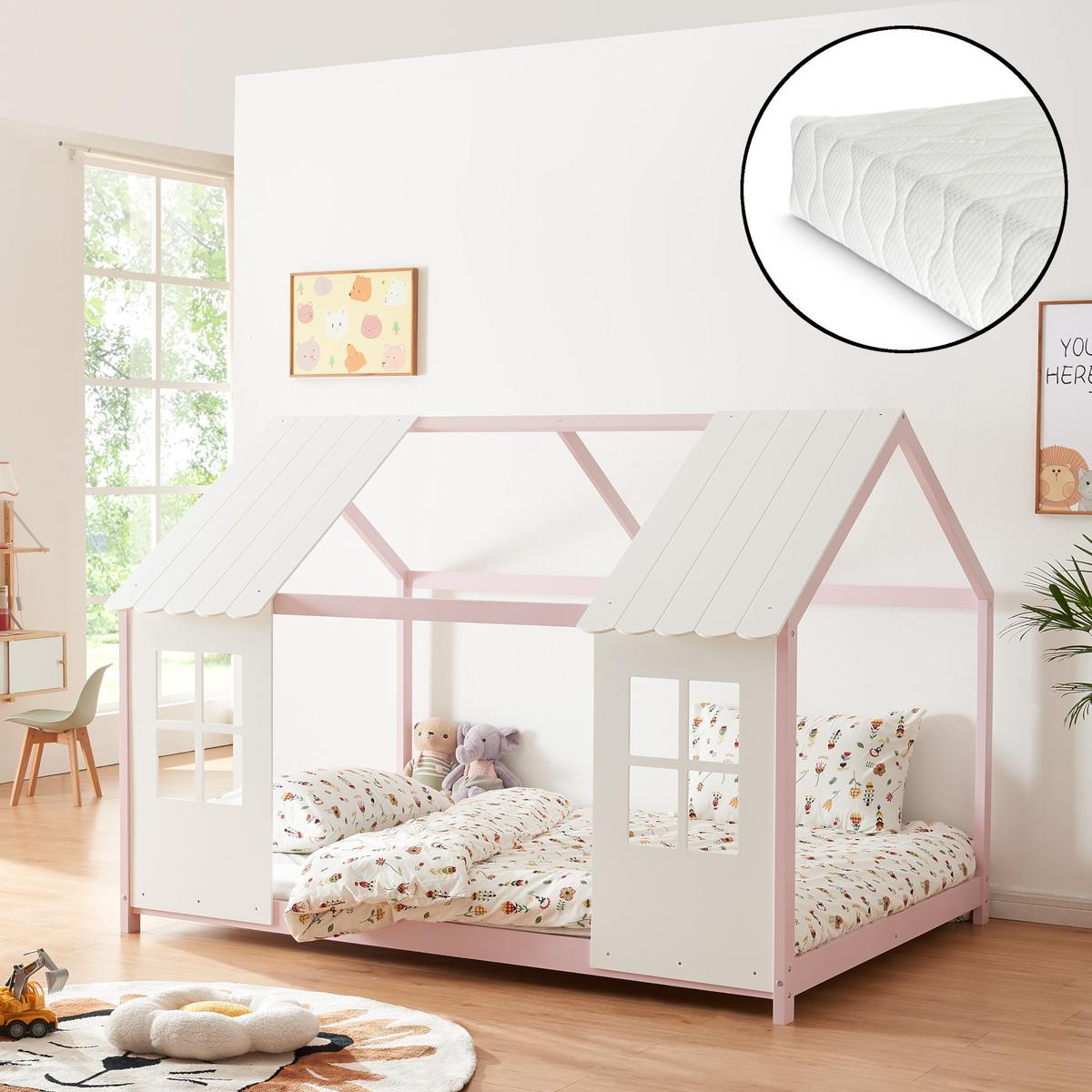 HAUSBETT Tostedt mit Matratze - Hellrosa/Weiß, Holz/Textil (120/200cm) - [en.casa]