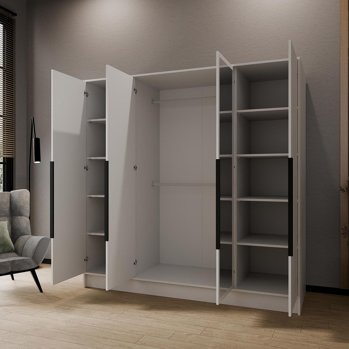 DREHTÜRENSCHRANK Laro mit Spiegel, Weiß mit mit schwarzen Griffen, 200 cm - Weiß, Holzwerkstoff (200/200/51cm) - Beautysofa