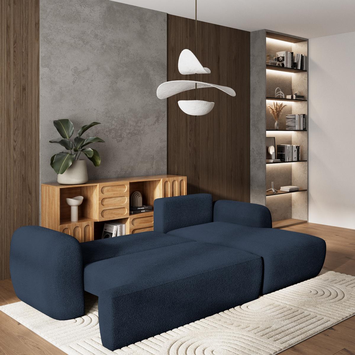 ECKSOFA MODENZA N R-S Blau Boucle-Stoff mit Schlaffunktion - Blau/Schwarz, Holz/Kunststoff (266/148cm) - MASSENO
