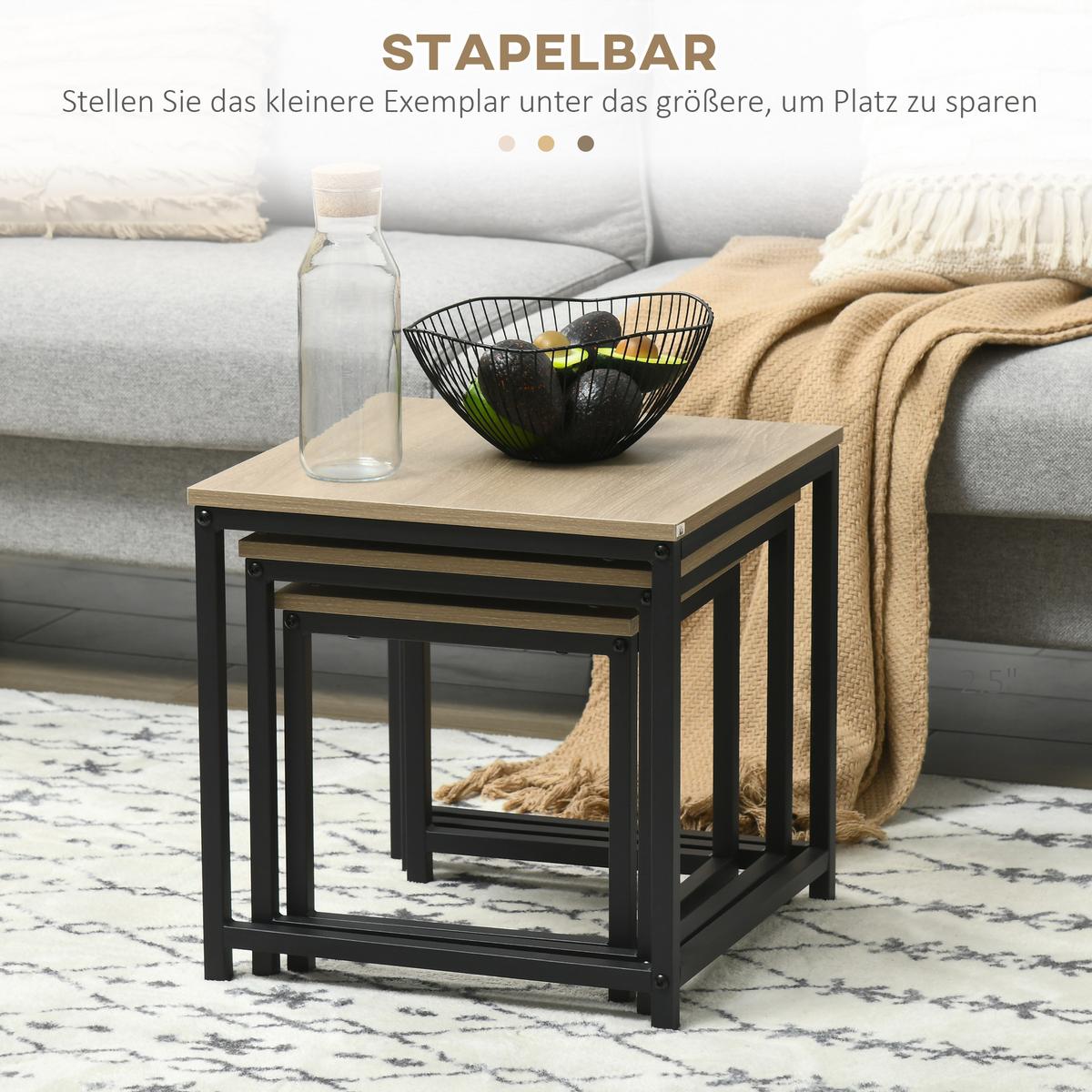 COUCHTISCH 3er-Set Beistelltisch, Satztisch, Sofatisch mit Holzoptik, Stahl - Naturfarben, Holzwerkstoff (45/45/44cm) - HOMCOM