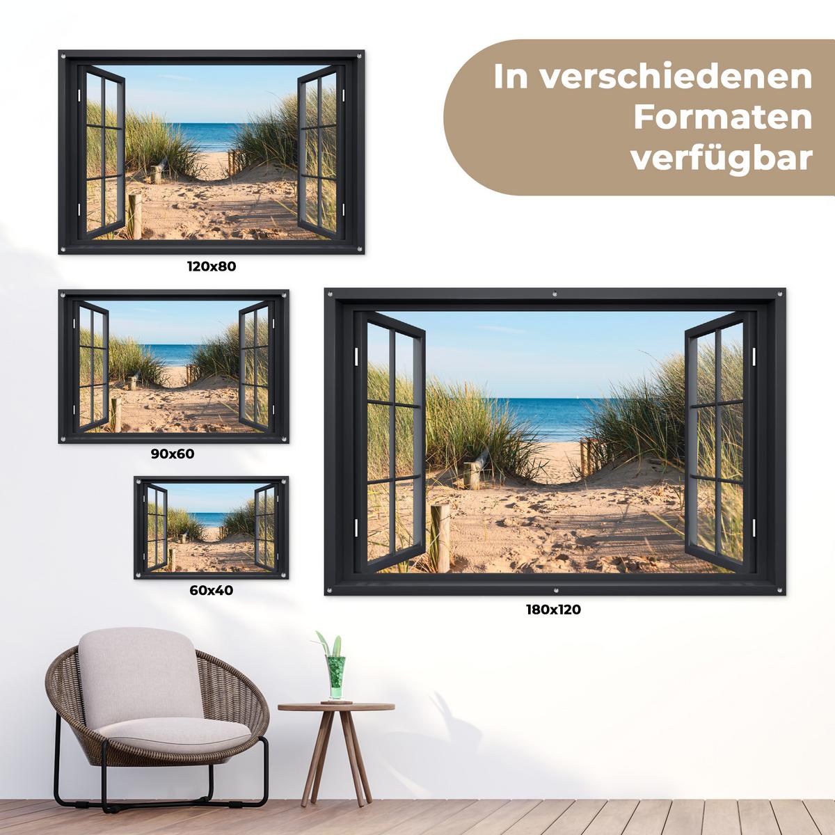GARTENPOSTER Durchblick - Strand - Meer - Sand - Wasser - Strandhafer - Dünen Gartendeko 90x60 cm - Sandfarben, Kunststoff (90/60/0.2cm) - OnlyWow