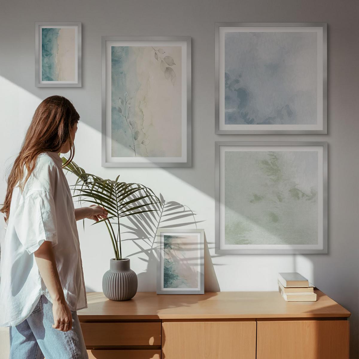 BILDER SET 5er Set - 50x50 cm & 20x30 cm & 40x60 cm Silberner Rahmen - Aquarell-Leinwandstil - Silberfarben, Kunststoff (40/60cm) - TULUP