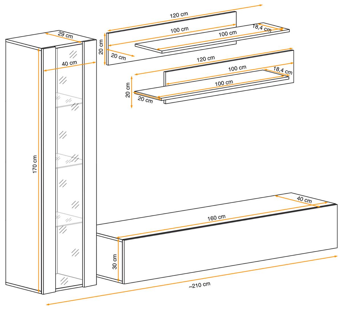 WOHNWAND Eiche Jackson 210 cm 4-teilig hängend, Anbauwand mit LED-Beleuchtung - Eichefarben, Glas/Holzwerkstoff (210/170/40cm) - Inn.Furn