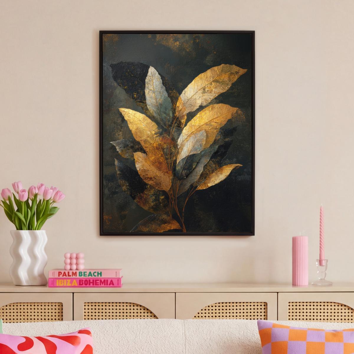 LEINWAND Bilder mit Rahmen - Golden Leaf Komposition - Botanical Luxury - 70x100 - Goldfarben, Textil (70/100cm) - MuchoWow