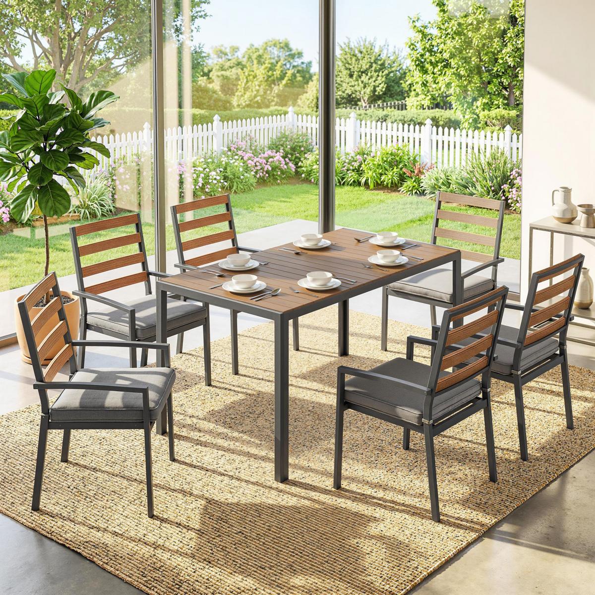 GARTENGARNITUR 7ER-SET aus Verzinktem Stahl Naturholz - Dunkelgrau/Hellgrau, Textil/Metall - Outsunny