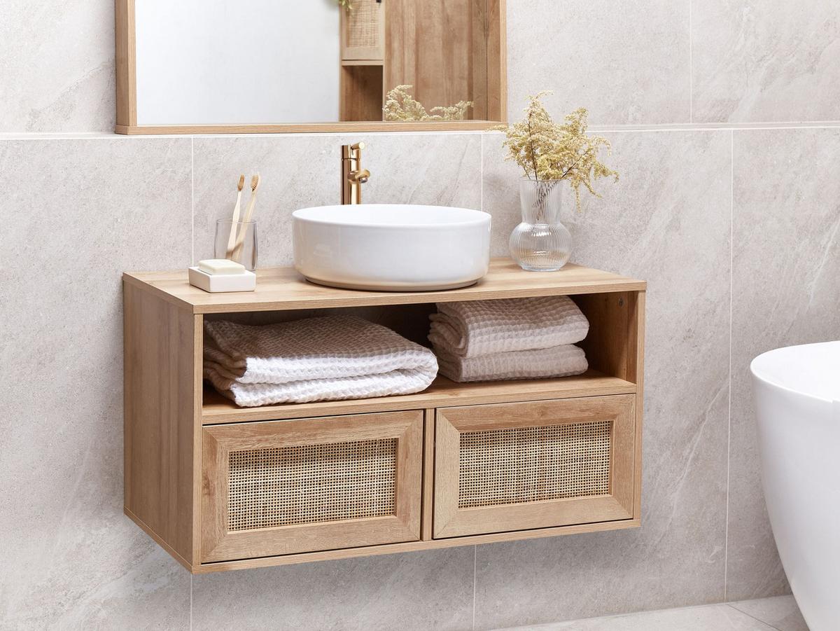 WASCHBECKENUNTERSCHRANK wandmontiertk 86 cm Hellbraun Rosell - Naturfarben, Holzwerkstoff (86/45/40cm) - Beliani