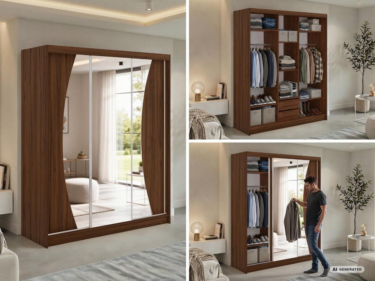 SCHWEBETÜRENSCHRANK mit Schubladen 180 - VERONA - Warmia Walnuss mit Spiegel - Walnussfarben/Alufarben, Holzwerkstoff/Metall (180/216/61cm) - MKS