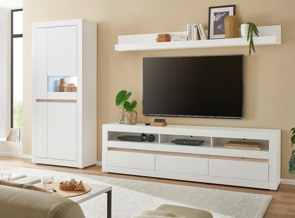 WOHNWAND weiß matt, Evoke Eiche, Wohnkombination 3-teilig, Soft-Close-Funktion - Eichefarben/Silberfarben, Holz/Holzwerkstoff (312/198/42cm) - Furn.Design