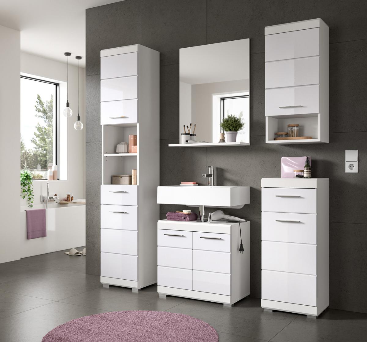 WASCHBECKENUNTERSCHRANK weiß Hochglanz 60 cm mit Rillenoptik - Weiß Hochglanz/Silberfarben, Holzwerkstoff/Kunststoff (60/56/34cm) - Inn.Furn
