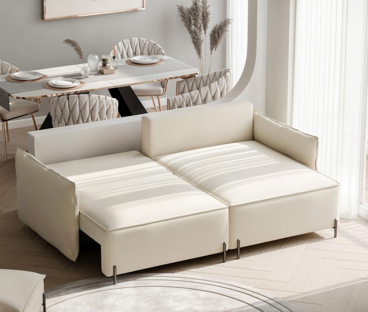 ECKSOFA MARCO Rechts, mit Schlaffunktion und Bettkasten, Creme - Creme, Textil/Metall (221/148cm) - Idohome