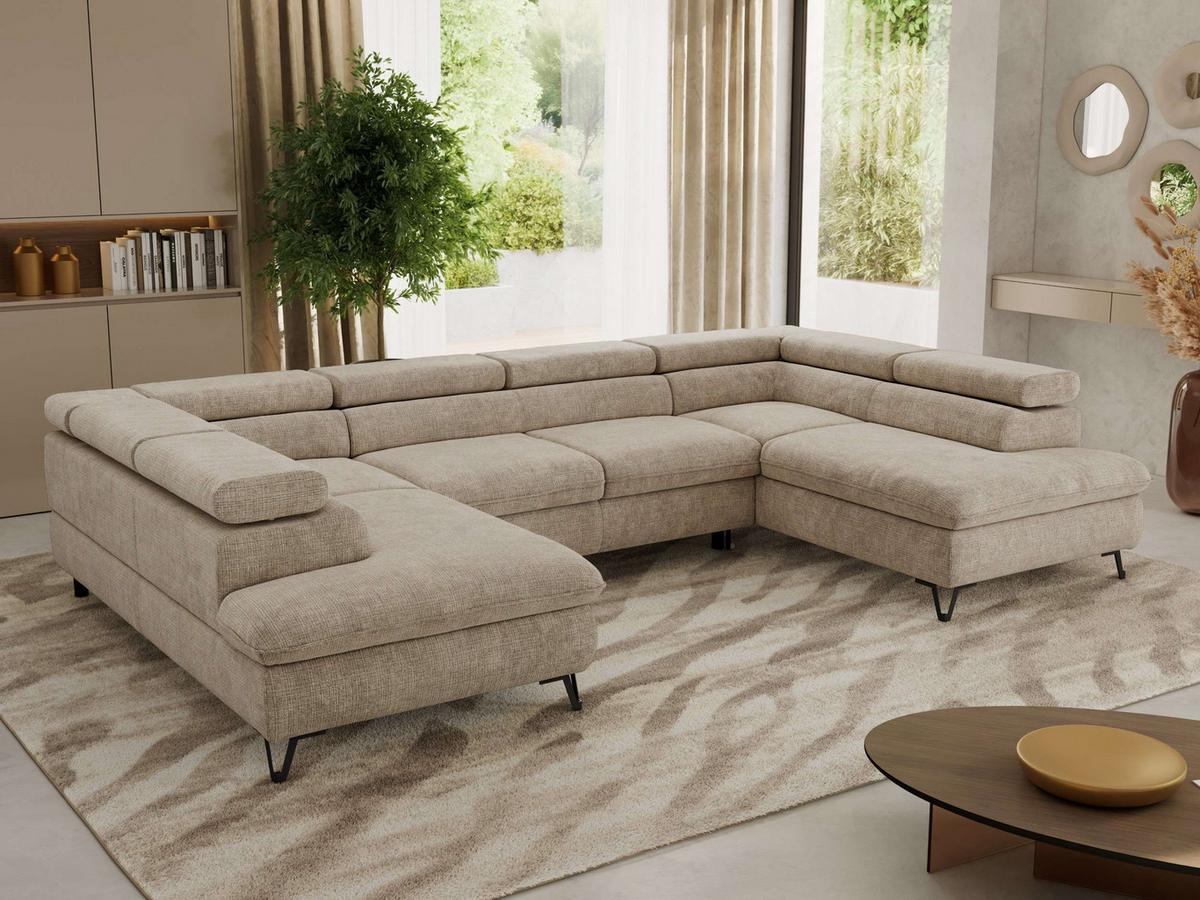 WOHNLANDSCHAFT PABLO U Schenille grob gewebt Beige - Beige/Schwarz, Textil/Metall (346/76/208cm) - MKS
