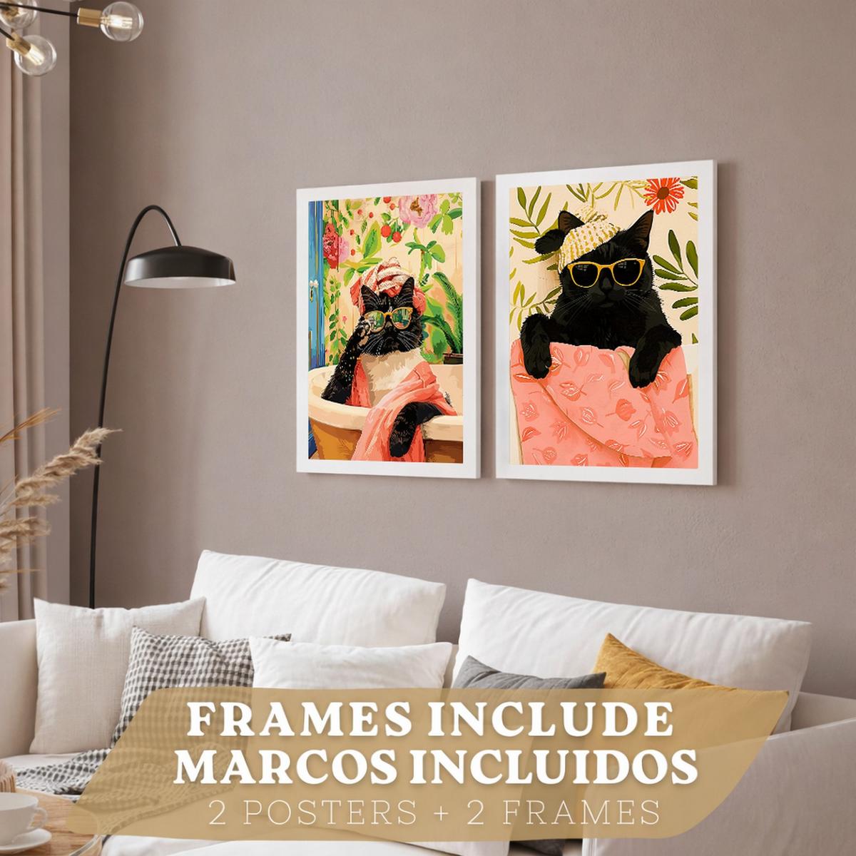 POSTER 2er Kunstdruck-Set Wandbilder Katzen Badezimmer modern Wohnzimmer Deko, Schlafzimmer, Küche Weißer Rahmen A4 - Weiß, Papier (29.7/1/21cm) - Nacnic
