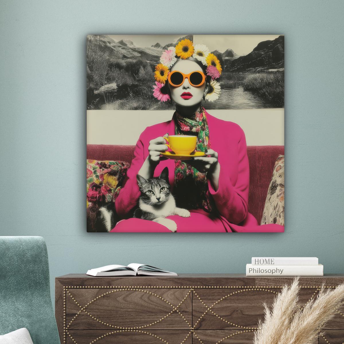 LEINWANDBILD Frau - Katze - Blumen - Tasse - Retro Deko Groß 90x90 cm - Magenta, Textil (90/90cm) - MuchoWow