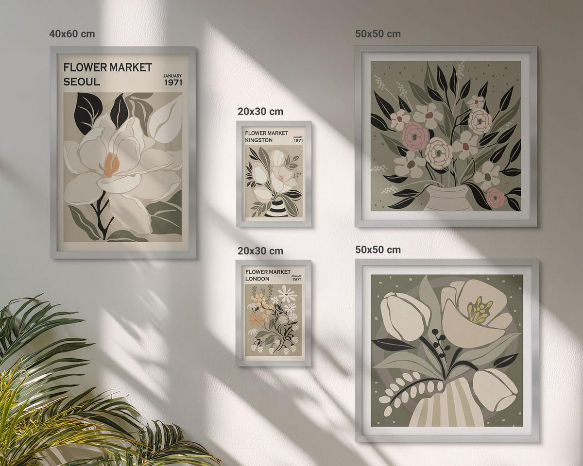 BILDER SET 5er Set - 50x50 cm & 20x30 cm & 40x60 cm Silberner Rahmen - Retro-Blumen aus Städten rund um die Welt - Silberfarben, Kunststoff (40/60cm) - TULUP