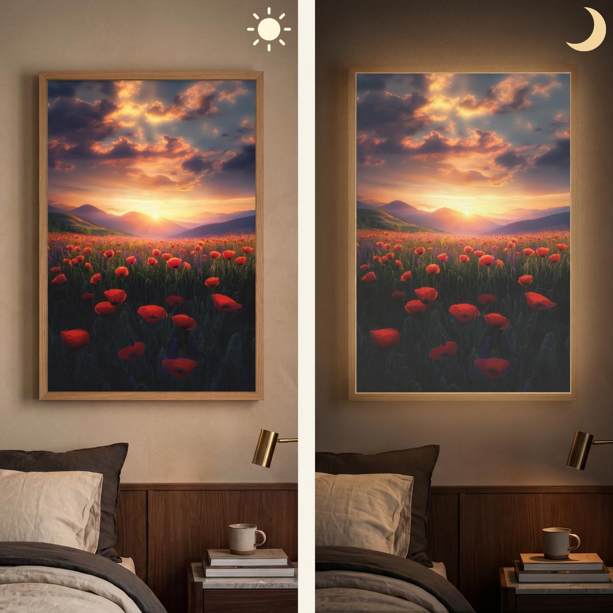 WANDLEUCHTE MIT AKKU Landschaft - Sonnenuntergang - Blumenfeld 60x90 cm - Rot, Holzwerkstoff (60/90/8cm) - OnlyWow