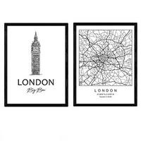 POSTER Set Mit 2 Städte Denkmäler London Big Ben A4 Schwarzer Rahmen - Schwarz, Papier (29.7/5/21cm) - Nacnic