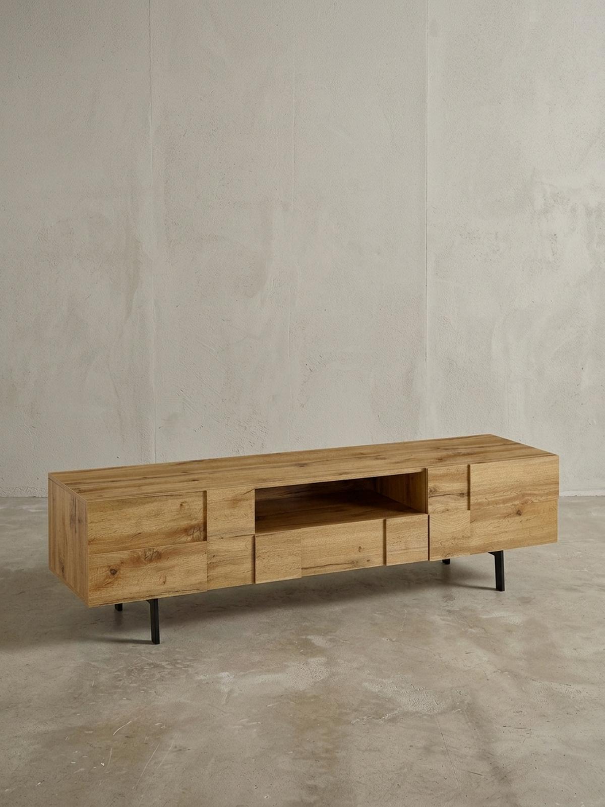 LOWBOARD Eiche-Dekor Modern Stil mit Kachelmuster für Konsolen und DVDs - Schwarz/Braun, Holz/Metall (160/46/43cm) - KADIMA DESIGN