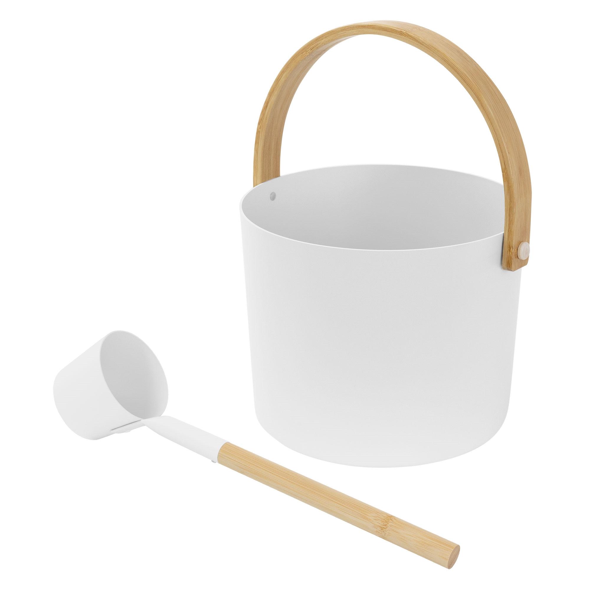 SAUNAZUBEHÖR-SET aus Aluminium & Holz, Weiß, Aufgusskübel & Schöpfkelle - Weiß, Metall (24/34/32.5cm) - LuxeBath