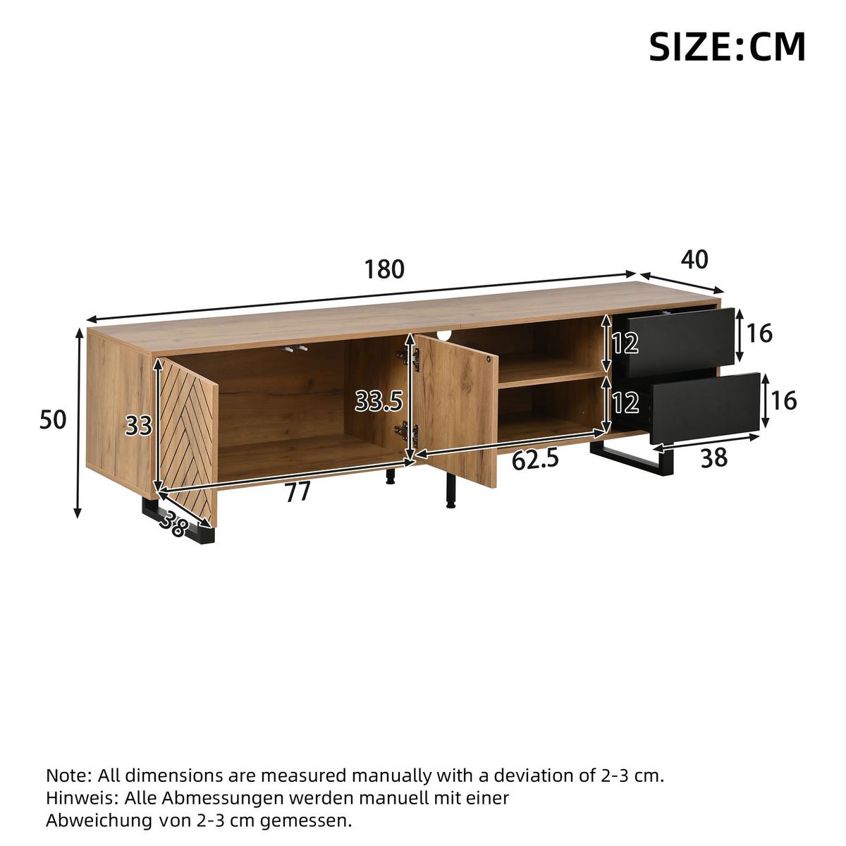 TV-LOWBOARD 180cm Holzoptik & Schwarz für 75-Zoll TV mit 2 Schubladen & Metallbeinen - Naturfarben, Holzwerkstoff (180/50/40cm) - Urban Meuble