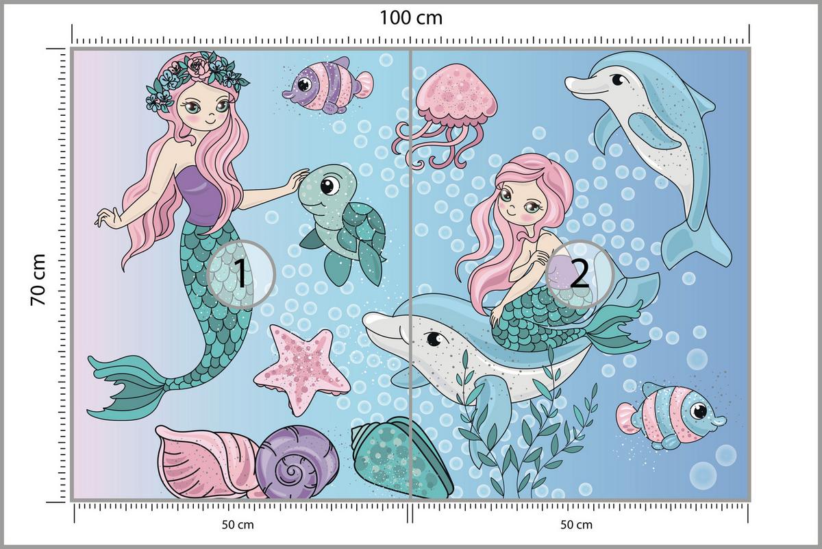 FOTOTAPETE für Kinderzimmer Meerjungfrauen Delfine Fische Muscheln Qualle Schildkröte 100x70 - Multicolor, Papier (100/70cm) - Muralo