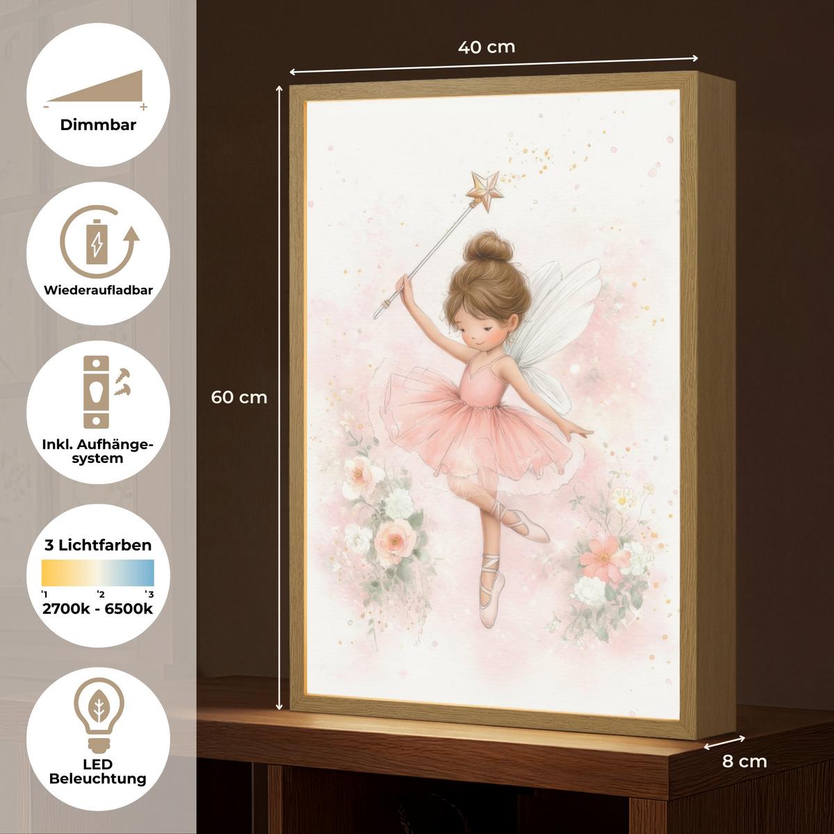 NACHTTISCHLAMPE MIT AKKU Ballerina - Fee - Blumen - Rosa 40x60 cm - Rosa, Holzwerkstoff (8/40/60cm) - OnlyWow