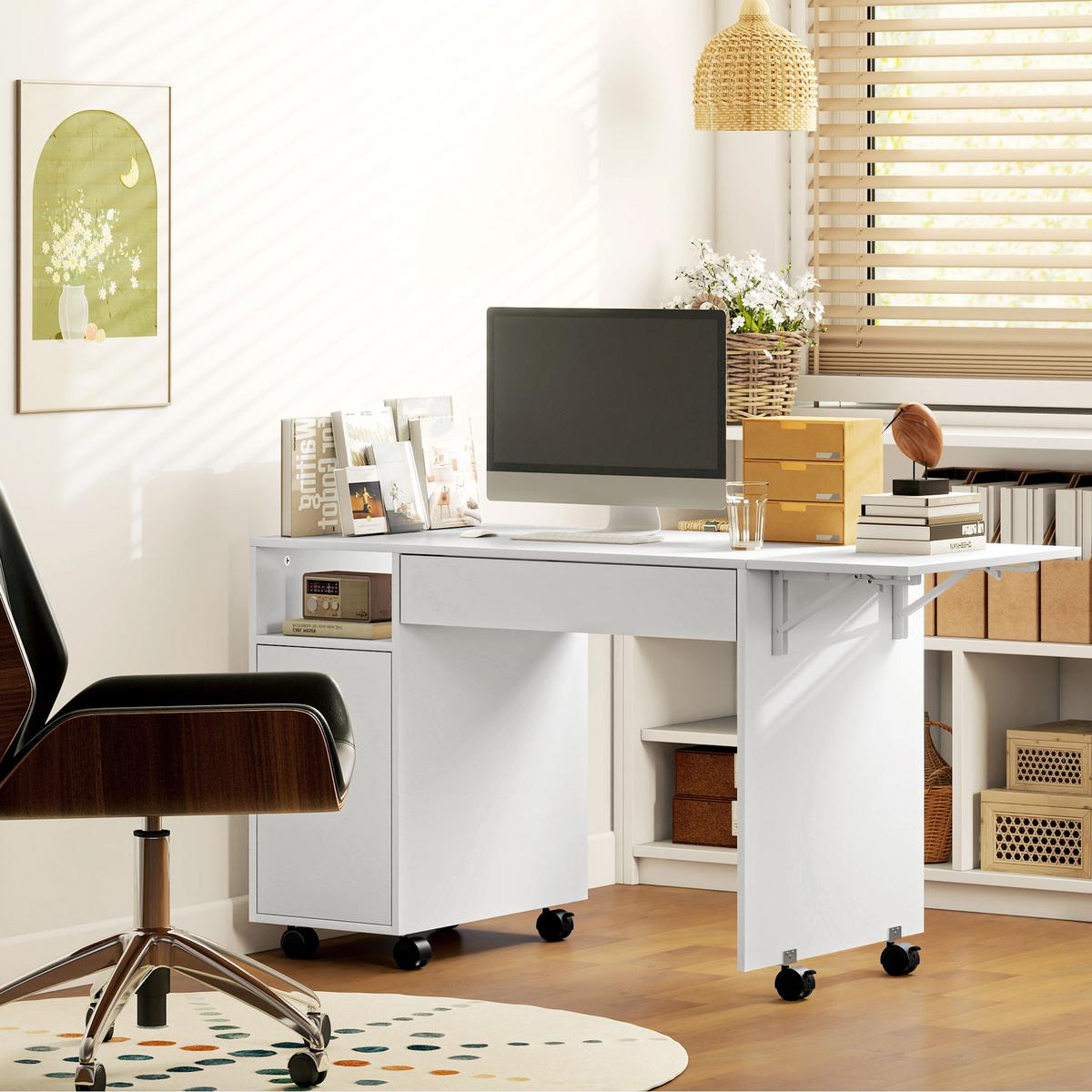 ROLLBARER Computertisch, klappbarer Schreibtisch mit Schrank und Schublade - Weiß, Holzwerkstoff (130/58/73.2cm) - HOMCOM
