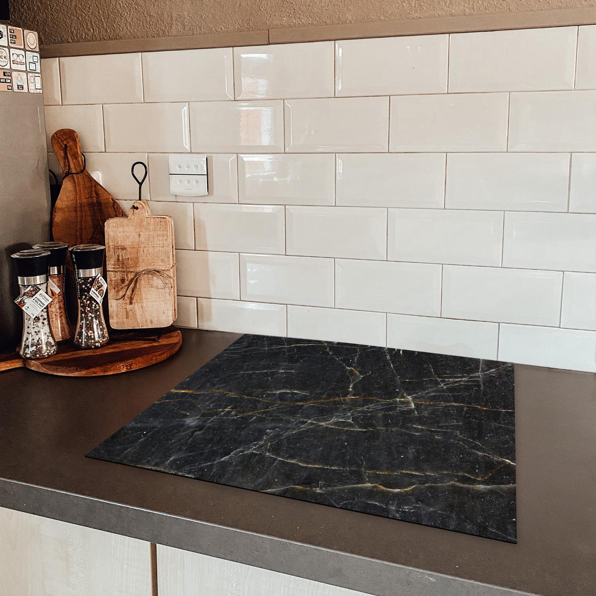 HERDABDECKPLATTE Marmor - Schwarz - Gold - Grau - Marmorstruktur Herdabdeckung Induktionsfeld 60x52 cm - Goldfarben, Kunststoff (60/52/0.2cm) - MuchoWow