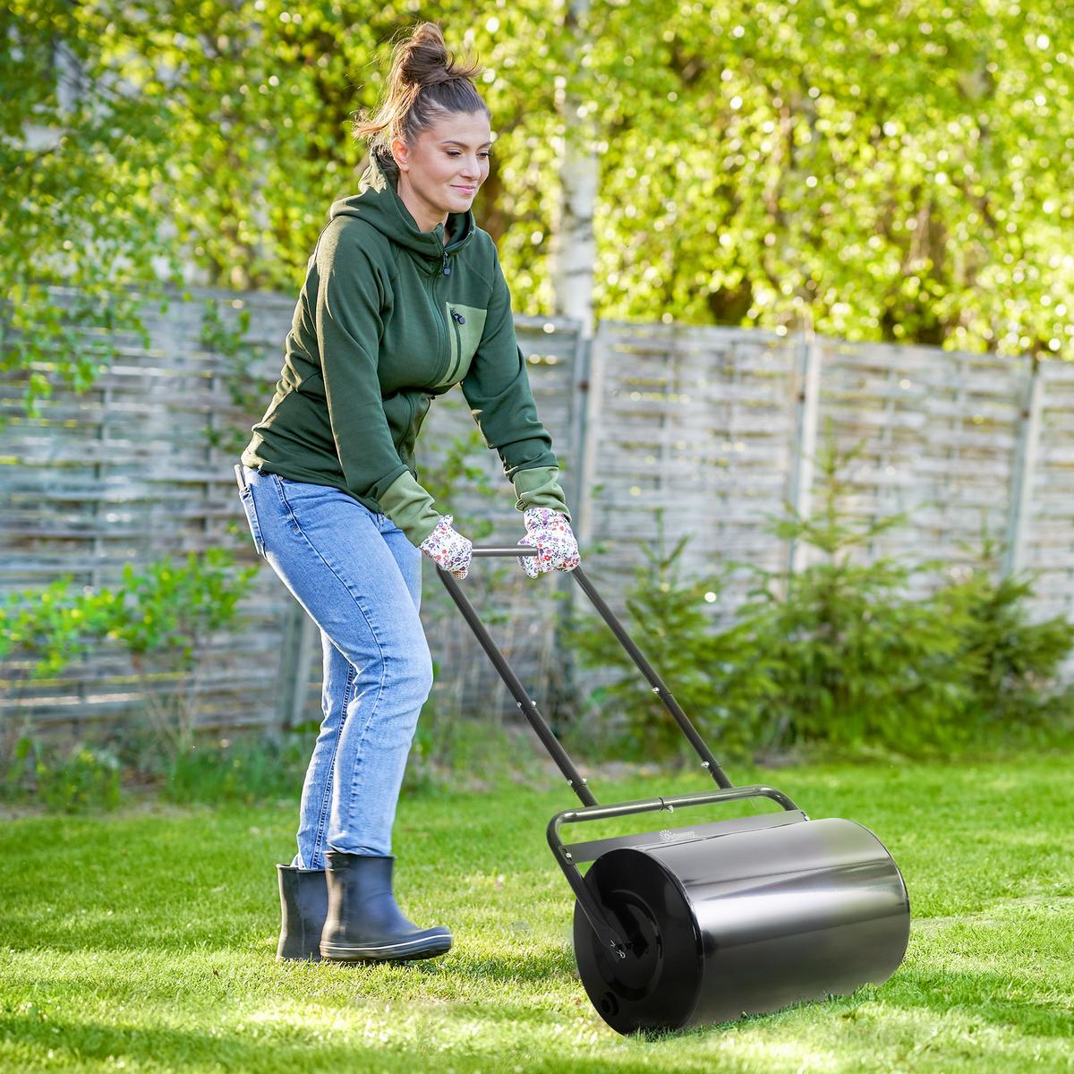 RASENWALZE mit U-Griff Gartenwalze Gartenrolle Wasser-/ Sandfüllung Metall - Schwarz, Metall (32.5/113/58cm) - Outsunny