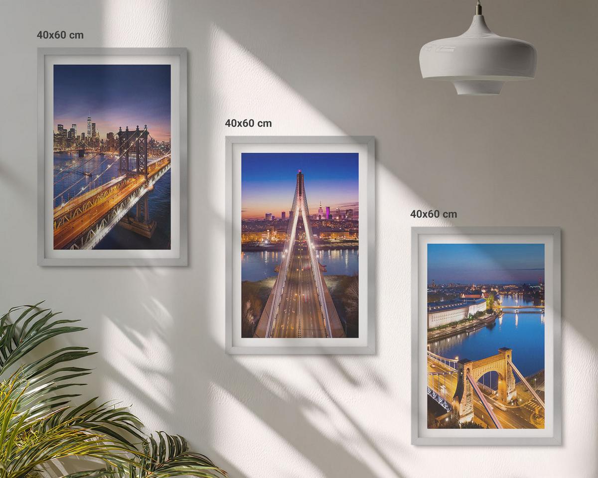 BILDER SET 3er Set - 40x60 cm Silberner Rahmen - Städte bei Nacht, Brücken, Flüsse - Silberfarben, Kunststoff (40/60cm) - TULUP