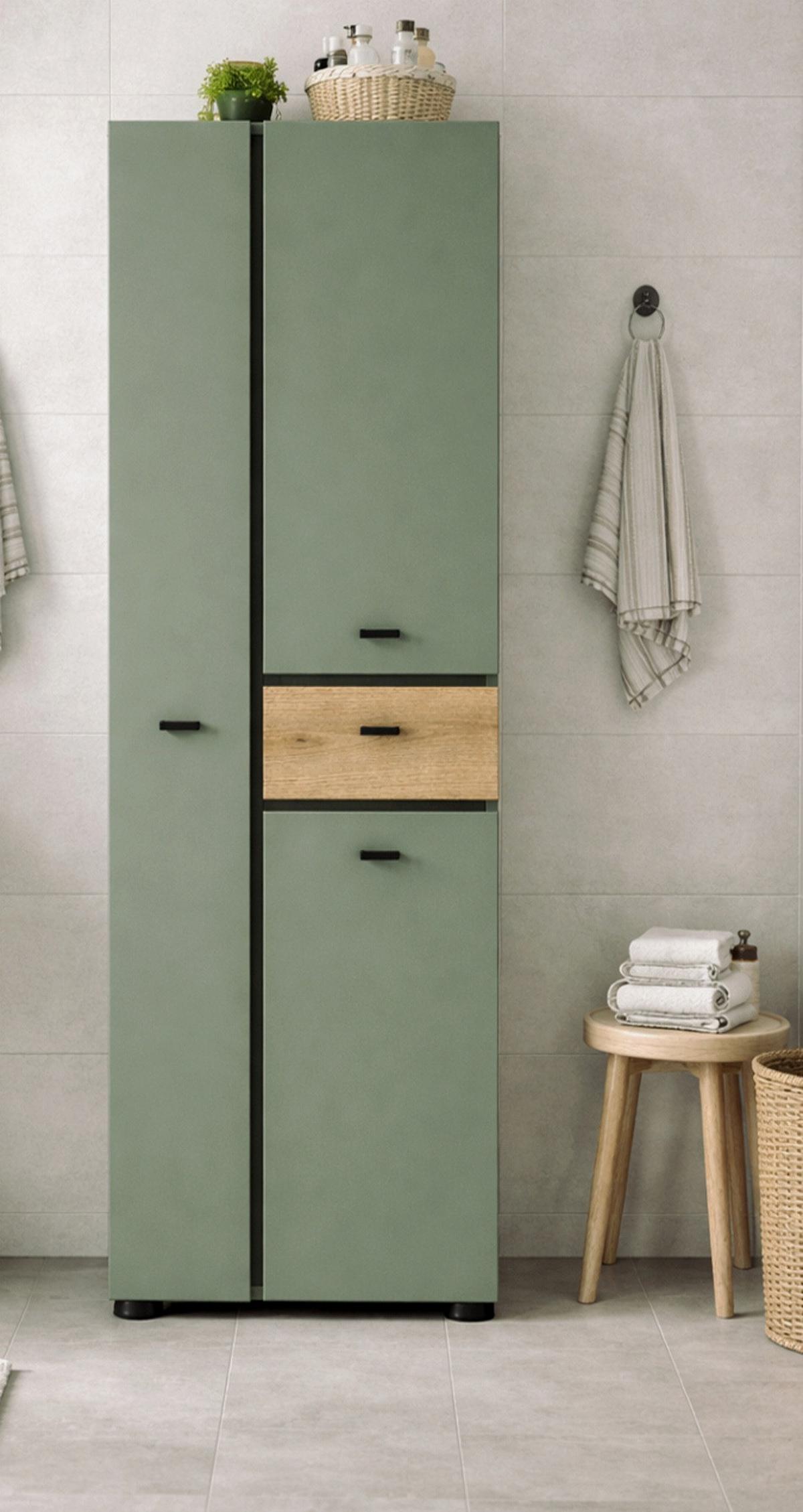 HOCHSCHRANK grün, Evoke Eiche 51 x 191 cm, Badschrank mit viel Stauraum - Eichefarben/Schwarz, Holzwerkstoff/Kunststoff (51/191/30cm) - Inn.Furn