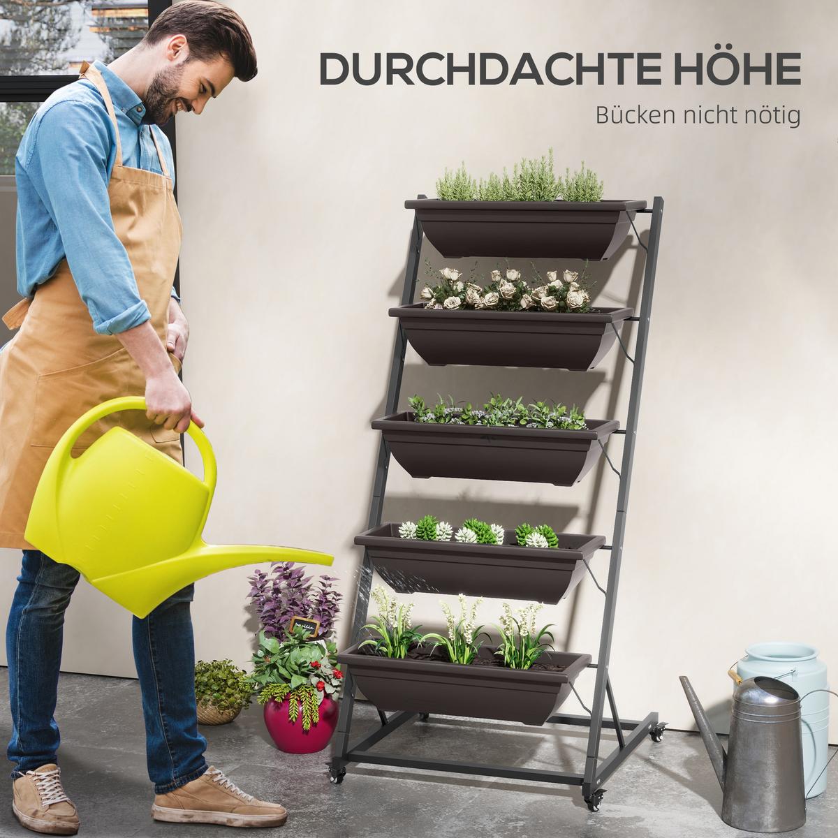 BLUMENTREPPE mit Rollen Braun 65/67/145 cm - Braun, Metall (67/145/65cm) - Outsunny