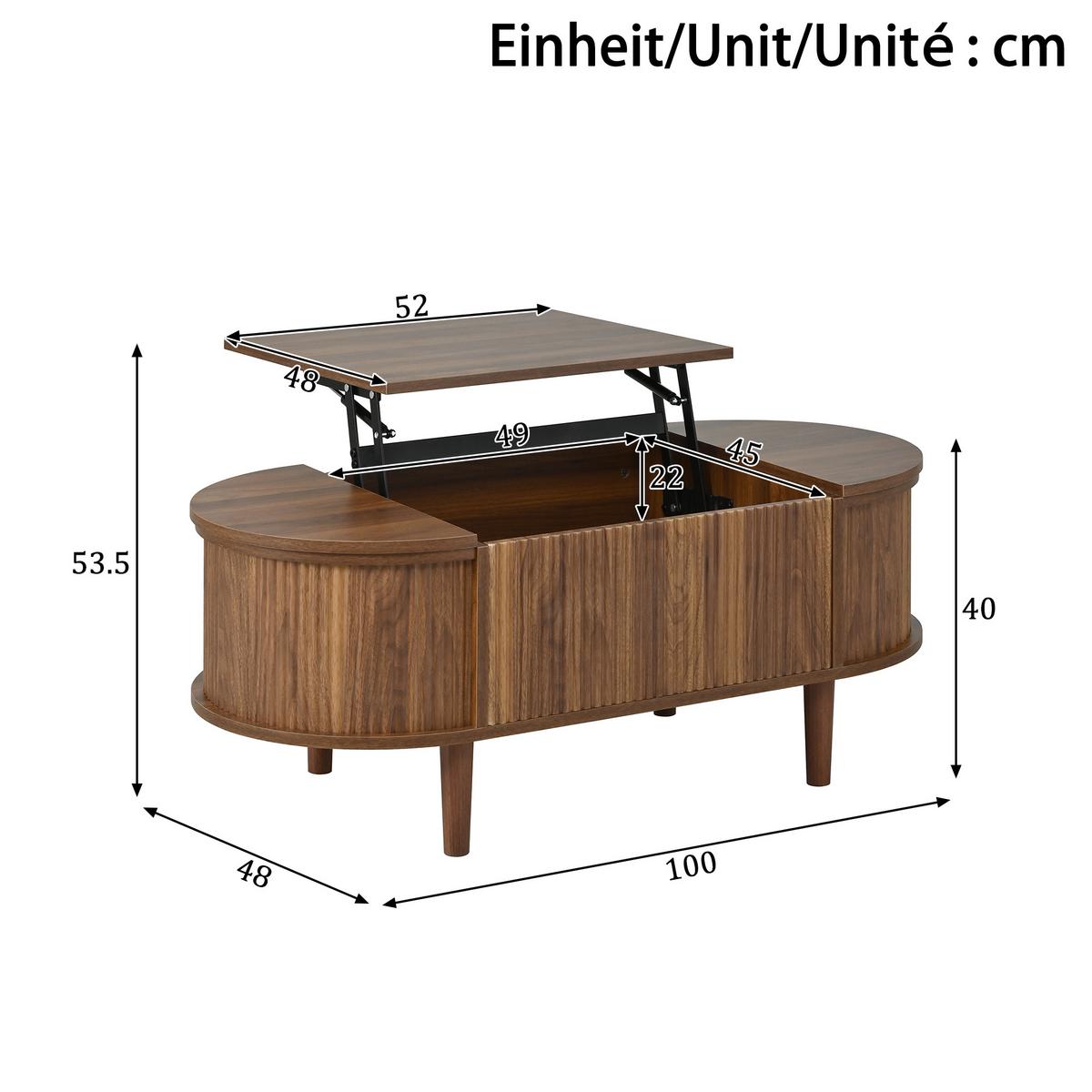 COUCHTISCH walnuss-optik oval höhenverstellbar mit stauraum - Walnussfarben, Holzwerkstoff (48/100/53.5cm) - Urban Meuble