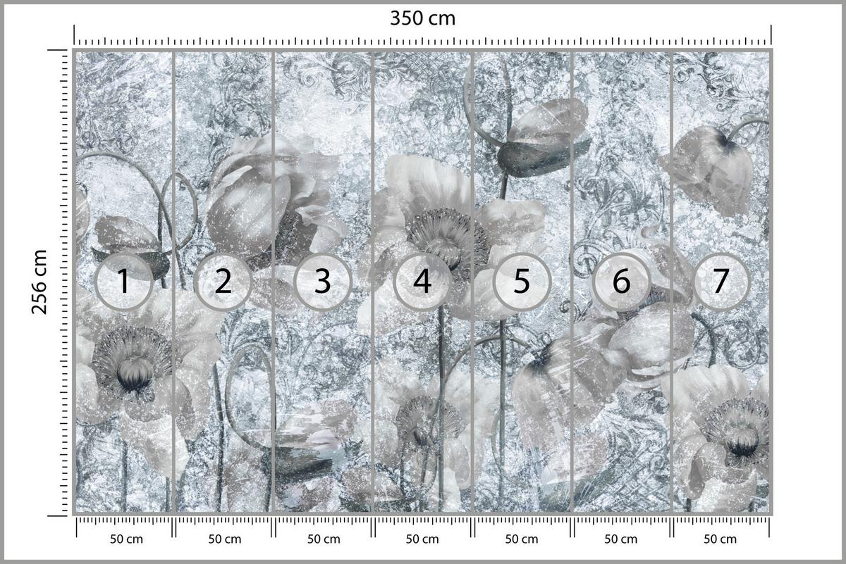 FOTOTAPETE für Wohnzimmer Grau Mohnblumen Beton Blumen Blätter 350x256 - Grau, Papier (350/256cm) - Muralo