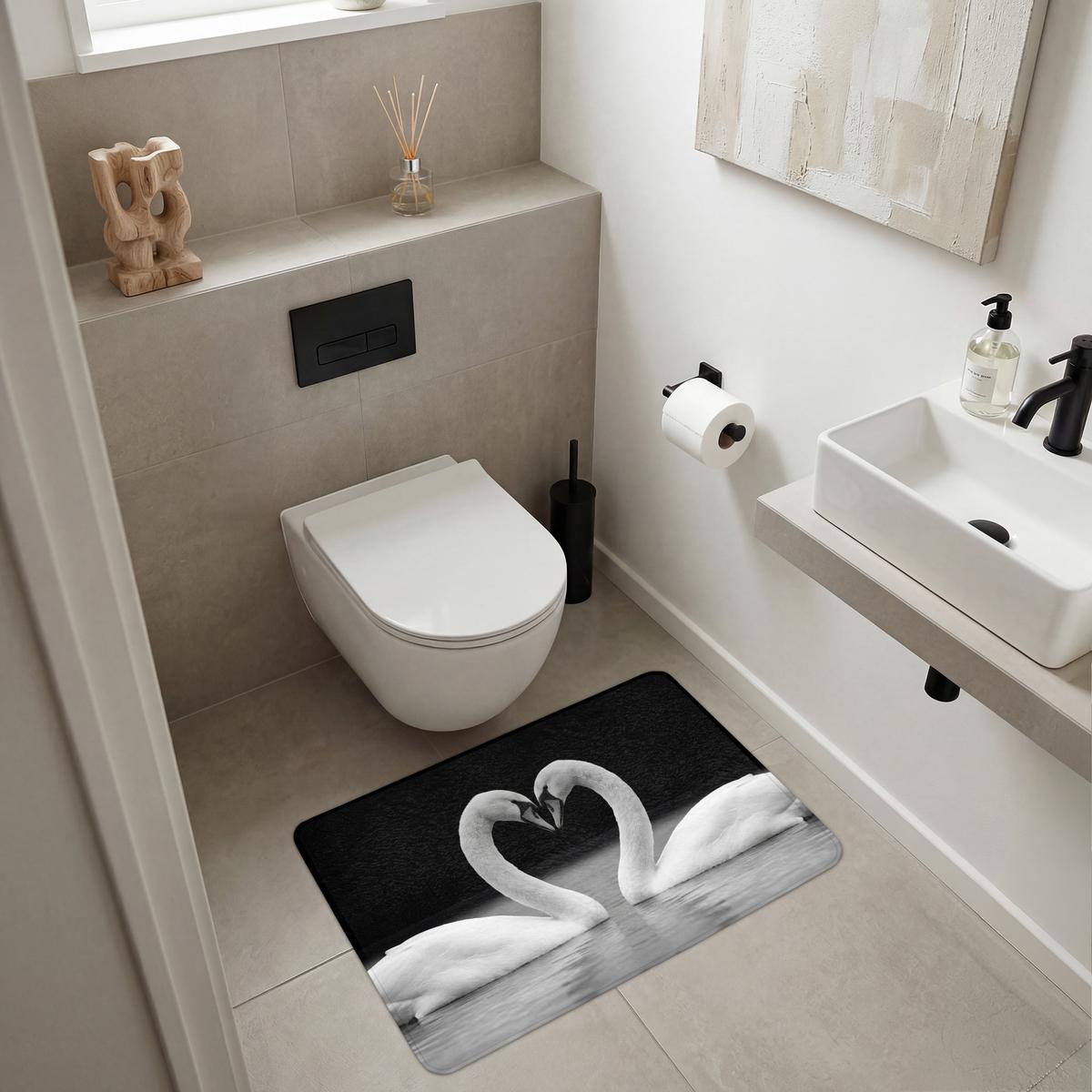 BADEMATTE Schwäne - Herz - Schwarz - Weiß 90x60 cm - Schwarz, Textil (90/60cm) - OnlyWow