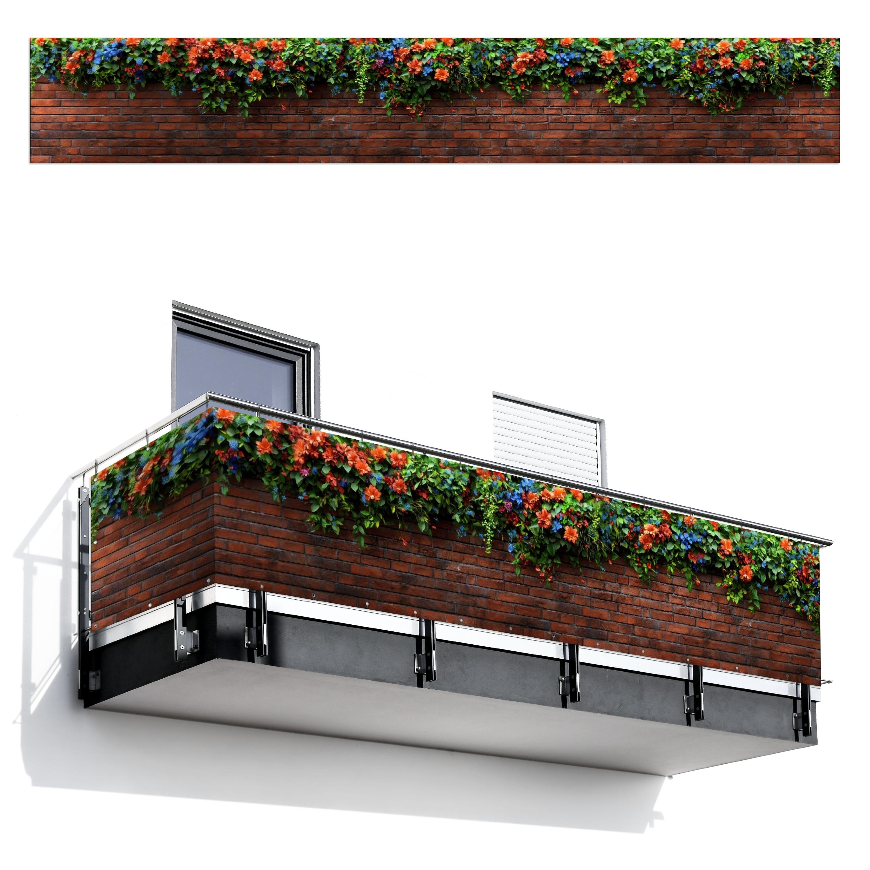 BALKON-SICHTSCHUTZ Blumen - Wand - Grün - Orange Balkon Deko 500x75 cm - Rotbraun, Kunststoff (500/75cm) - MuchoWow