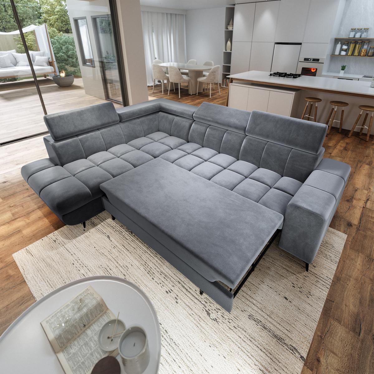 ECKSOFA MORIVA L-S Grau Velours-Stoff mit Schlaffunktion - Grau, Holz (253/190cm) - MASSENO