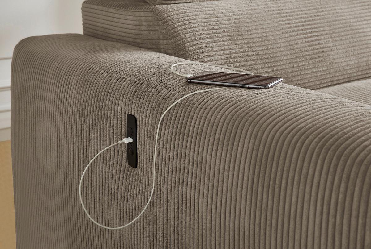 ECKSOFA mit elektrischer Sitztiefenverstellung, Kopflehnen verstellbar, USB-A und USB-C Ladefunktion B277/T187/H109 cm, Cord Braun Taupe / 15401 - Eichefarben/Braun, Eichenholz/Textil (277/187cm) - luma-home