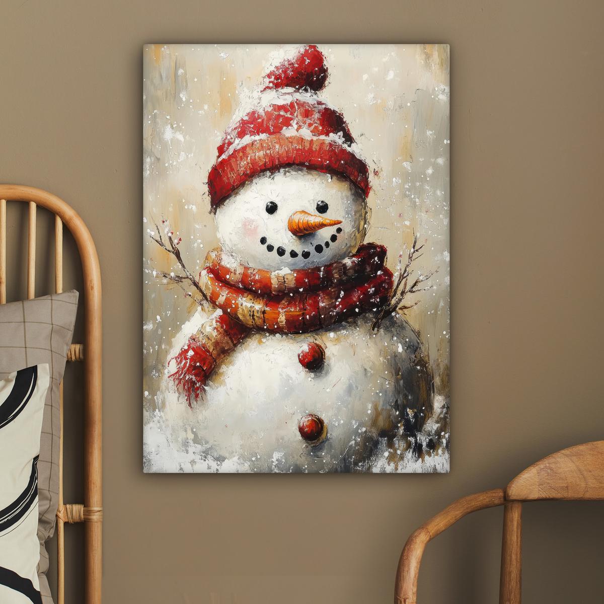 LEINWANDBILD Schneemann - Winter - Schnee - Beige Wandbild Wohnzimmer 60x80 cm - Weiß, Textil (60/80cm) - MuchoWow
