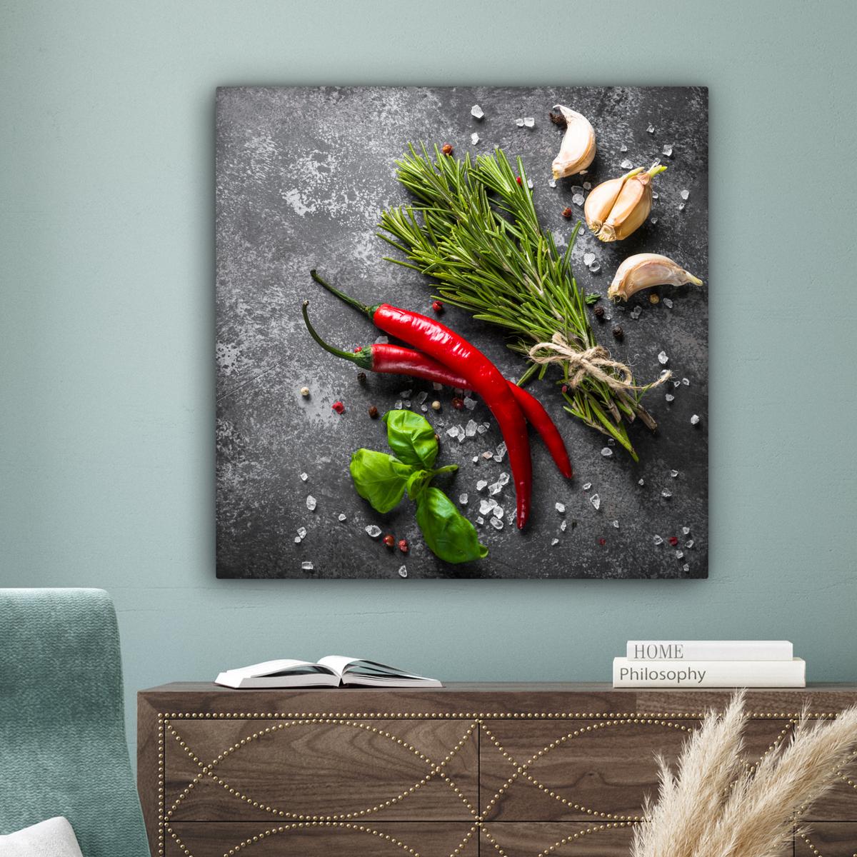 LEINWANDBILD Pfeffer - Kräuter - Gewürze - Beton Deko Groß 90x90 cm - Dunkelgrau, Textil (90/90cm) - MuchoWow